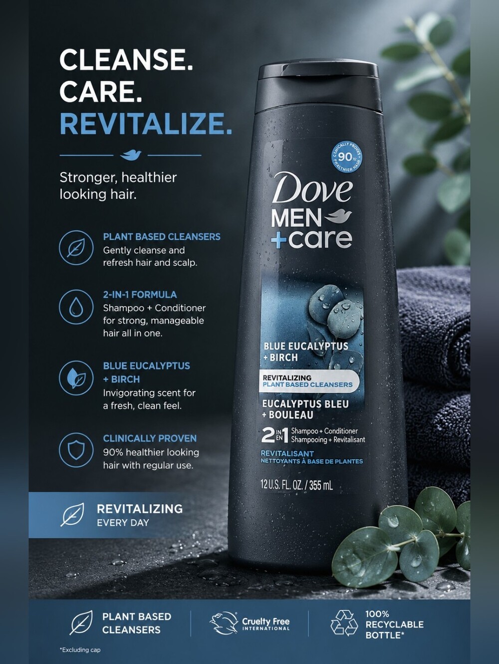 💙Dove Men+Care Blue Eucalyptus + Birch 2-in-1 Shampoo & Conditioner - Dark Gray